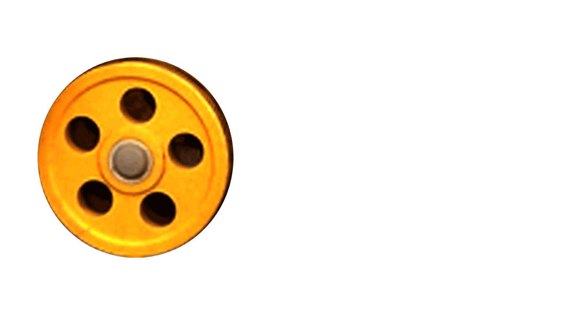 Orange revolver cylinder spinning on white background.