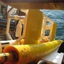 Yellow machinery rolls beside an ocean on a sunny day.